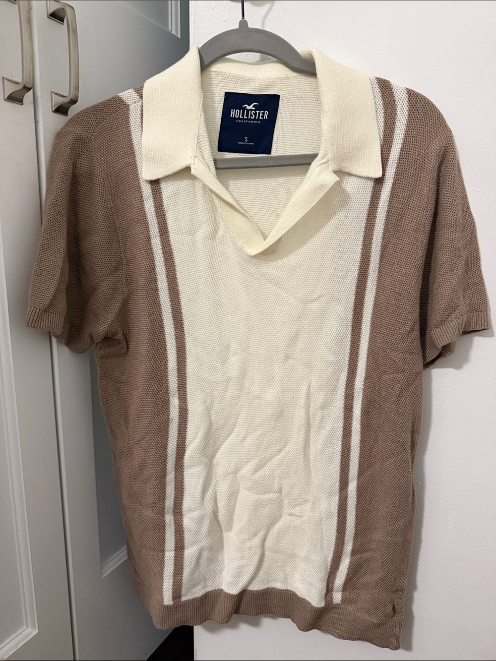Hollister Cream and Brown Striped Short-Sleeve Polo